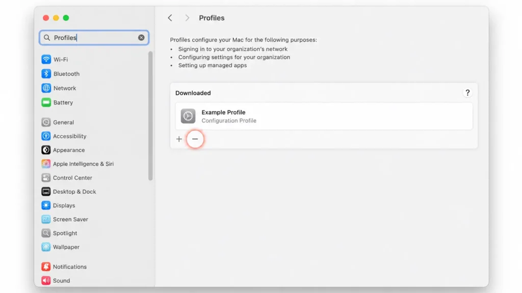 macOS System Settings with Profiles section open
showing how to find and remove malicious profiles
installed by Mac malware