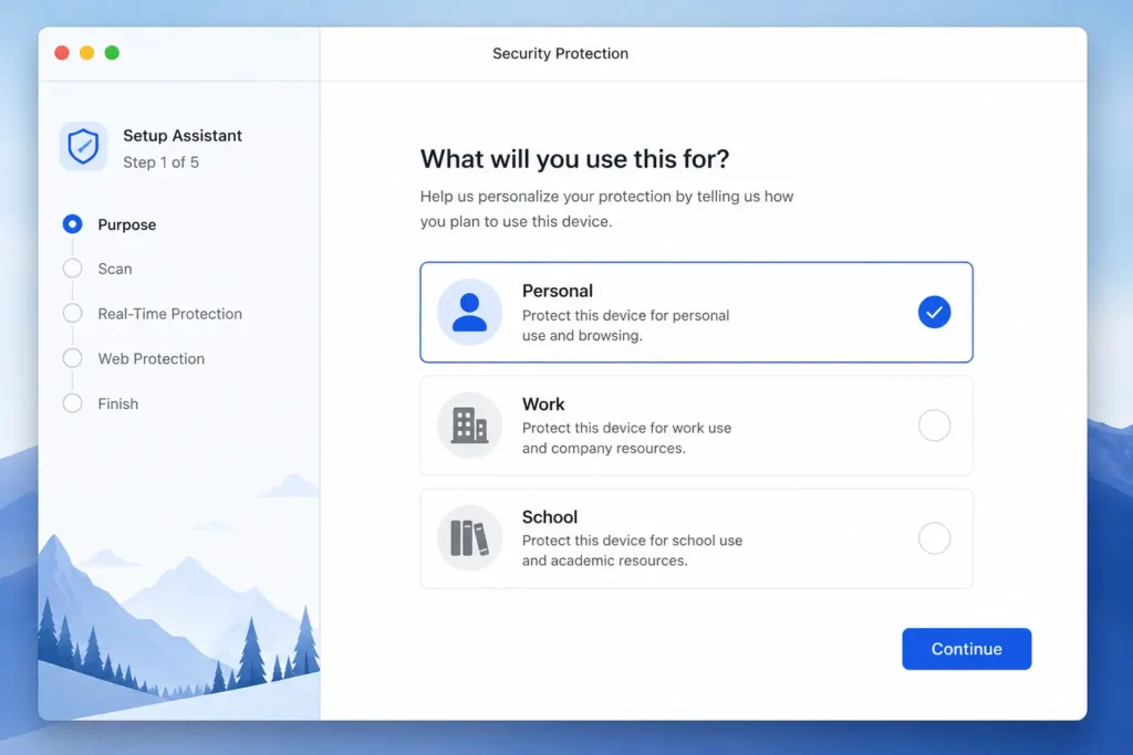 Malwarebytes Mac setup screen showing Personal option
selected to use the free version without starting a
paid trial