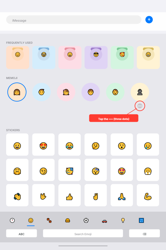 iPhone Memoji section in the emoji keyboard showing the three dots icon below a Memoji character for deletion options