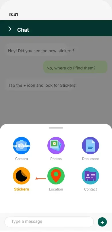iPhone Messages plus icon menu showing the Stickers option in the vertical list of available features