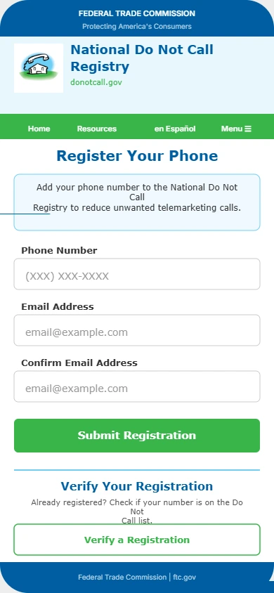 National Do Not Call Registry registration page on DoNotCall.gov website mobile view