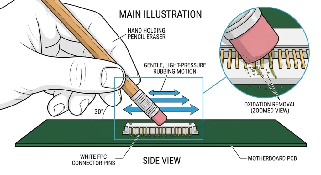 Instructional illustration showing proper hand position and gentle rubbing technique for cleaning display cable connector pins with a pencil eraser