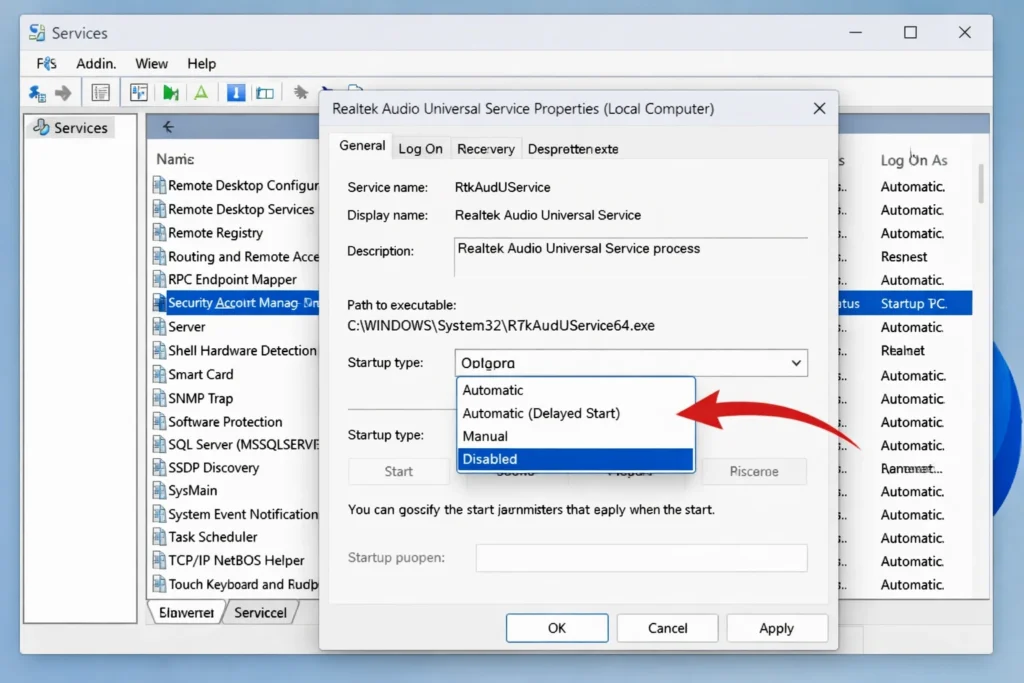 Windows 11 Services window showing Realtek Audio Universal Service Properties with Startup type set to Disabled
