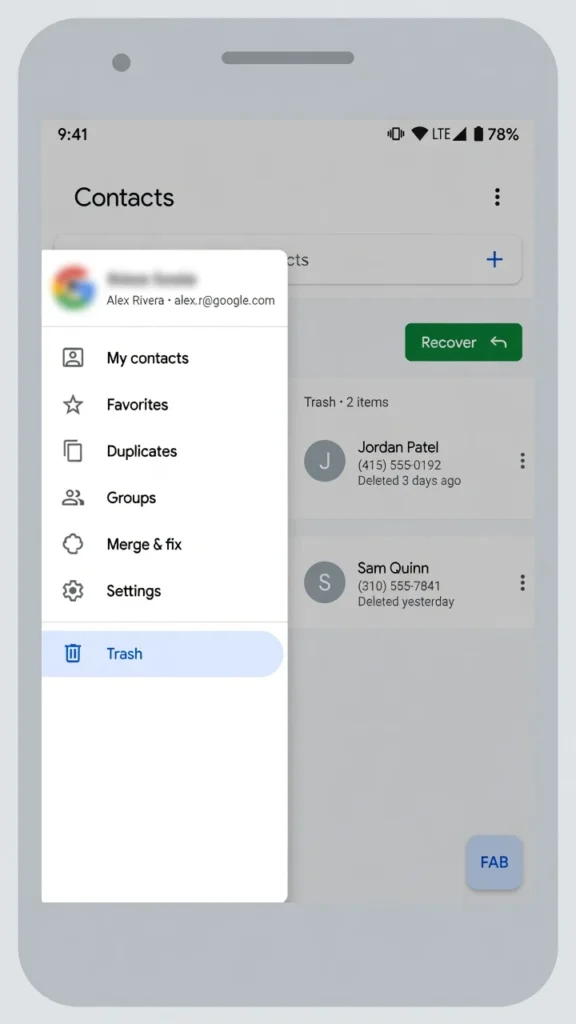 Android phone showing Google Contacts app with Trash
folder open and Recover button to restore deleted contacts
on Android