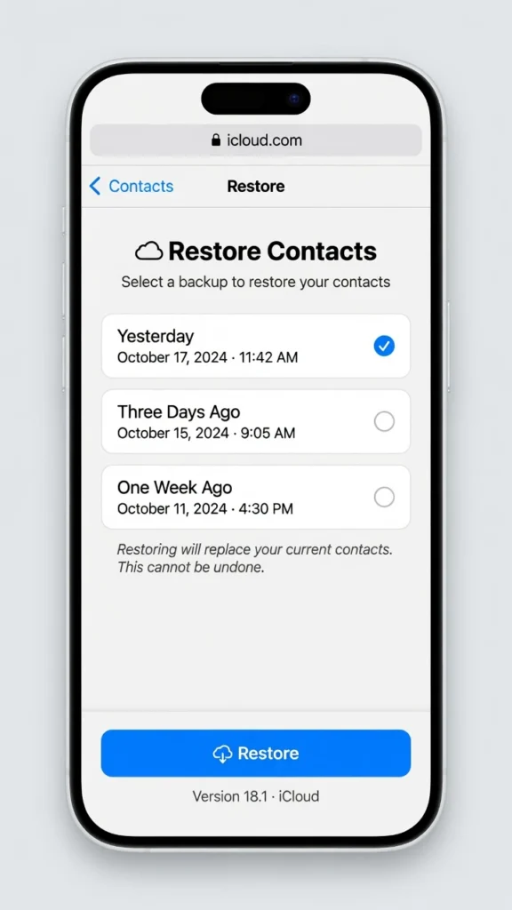 iPhone showing iCloud contacts restore screen with
available backup dates to recover deleted contacts
on iPhone