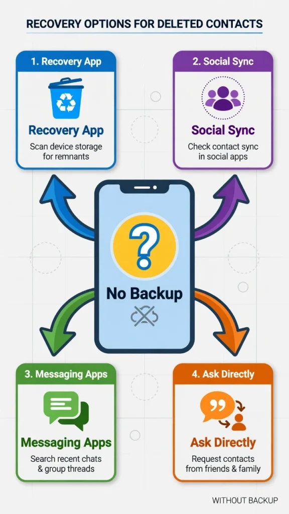Diagram showing four options to recover phone contacts
without backup including recovery app, social sync,
messaging apps and asking directly