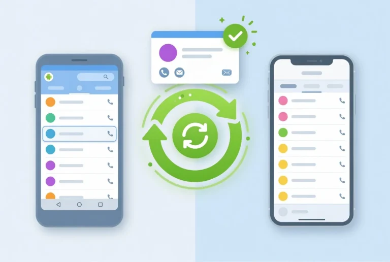 Illustration showing how to recover a deleted phone number on Android and iPhone with restore arrow between two phones