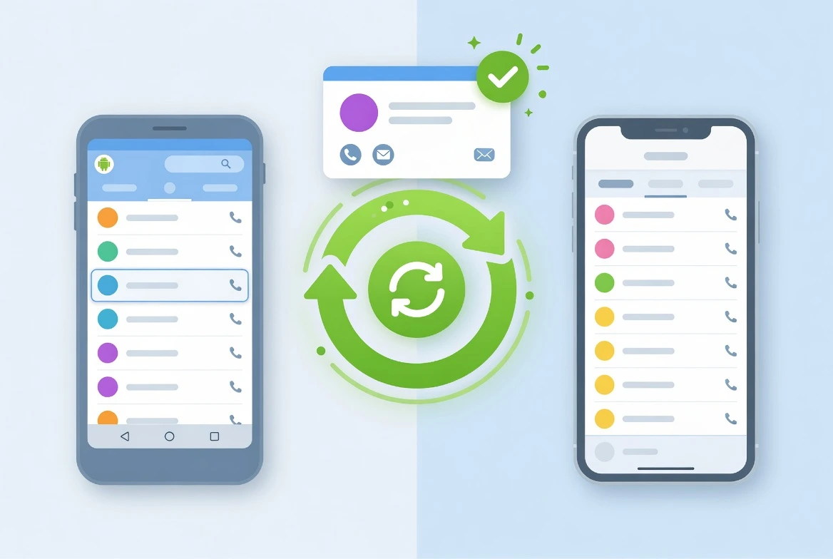 Illustration showing how to recover a deleted phone number on Android and iPhone with restore arrow between two phones