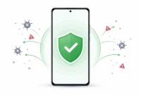 Android phone displaying green security shield blocking virus threats, illustrating how to remove virus from Android phone