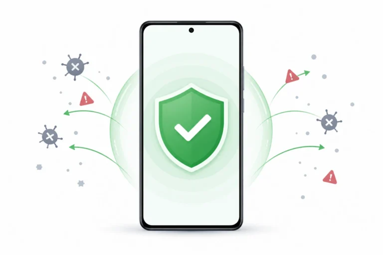 Android phone displaying green security shield blocking virus threats, illustrating how to remove virus from Android phone