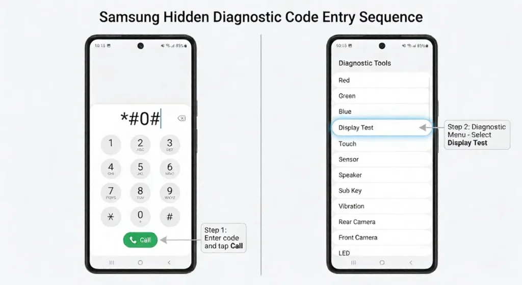 Screenshot showing Samsung phone dialer with diagnostic code #0# and the hidden diagnostic menu that appears, featuring Display test option for checking screen damage