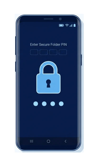 Samsung phone screen showing Secure Folder lock interface with padlock icon, used to lock apps on Android Samsung devices
