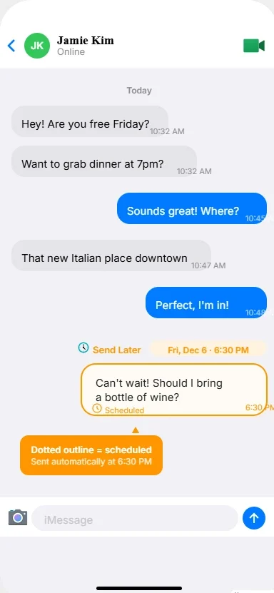 Scheduled text message in iPhone Messages showing dotted outline border and Send Later label with scheduled time