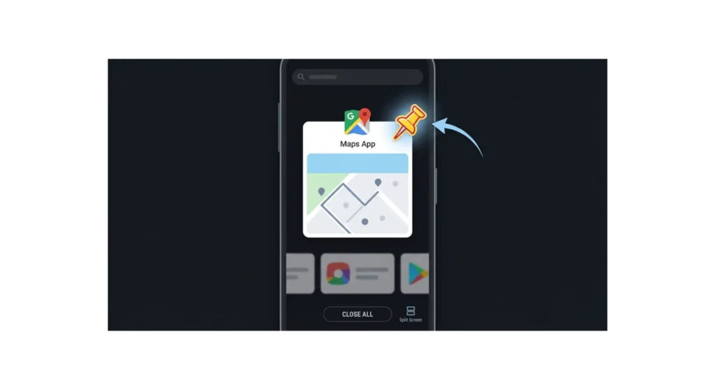 Android recent apps switcher showing the pin icon on an app card used to activate Screen Pinning on Android