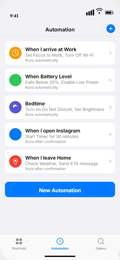 iPhone Shortcuts app Automation tab showing plus button to create new automation for scheduled texts