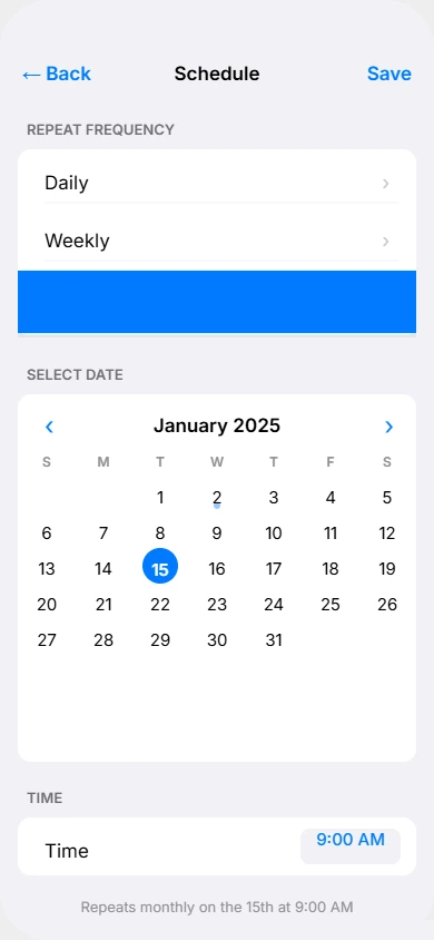 Shortcuts showing Daily Weekly Monthly frequency options for recurring scheduled text messages