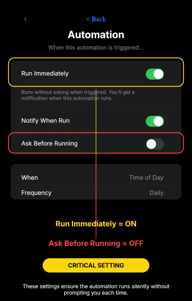 Shortcuts automation settings showing Run Immediately toggle enabled and Ask Before Running toggle disabled for automatic text scheduling