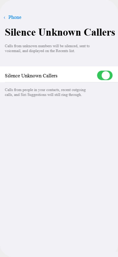 Silence Unknown Callers toggle enabled in iPhone Phone settings to block spam calls