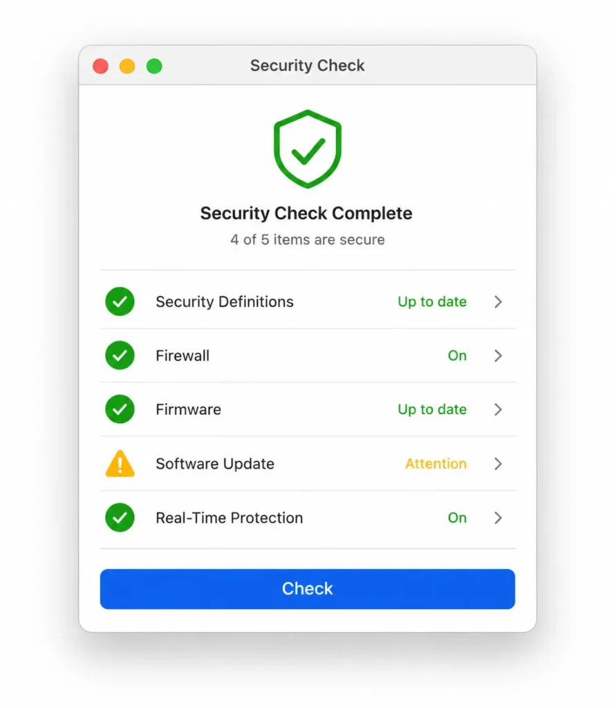 Silent Knight security utility showing green checkmark
results confirming XProtect and Mac security settings
are active and up to date