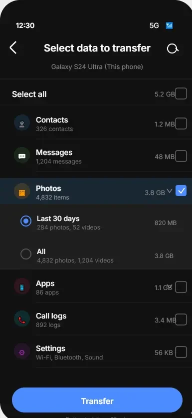 Samsung Smart Switch photo selection screen showing transfer options