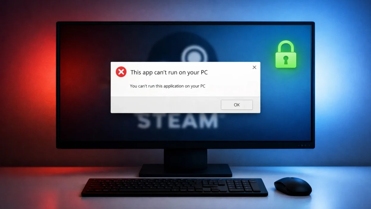 Steam not launching error on Windows 11 showing “This app can't run on your PC” message with solution concept