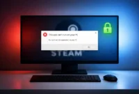 Steam not launching error on Windows 11 showing “This app can't run on your PC” message with solution concept
