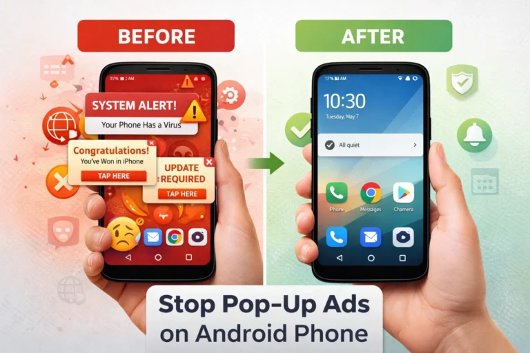 Split-screen comparison showing Android phone cluttered with pop-up ads on left side versus clean, ad-free phone on right side, representing before and after using methods from this guide