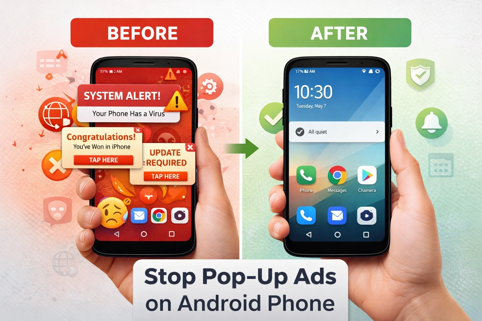 Split-screen comparison showing Android phone cluttered with pop-up ads on left side versus clean, ad-free phone on right side, representing before and after using methods from this guide