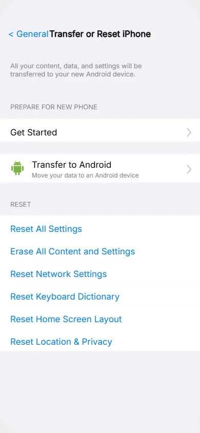 iPhone settings showing transfer data to Android option
