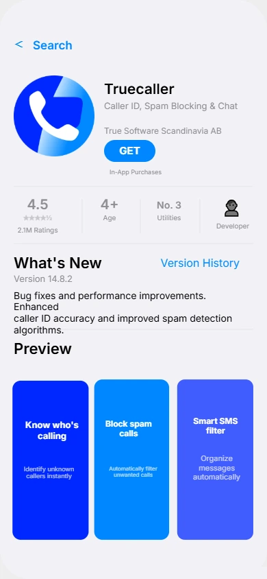 Truecaller spam call blocker and caller ID app in Apple App Store for iPhone