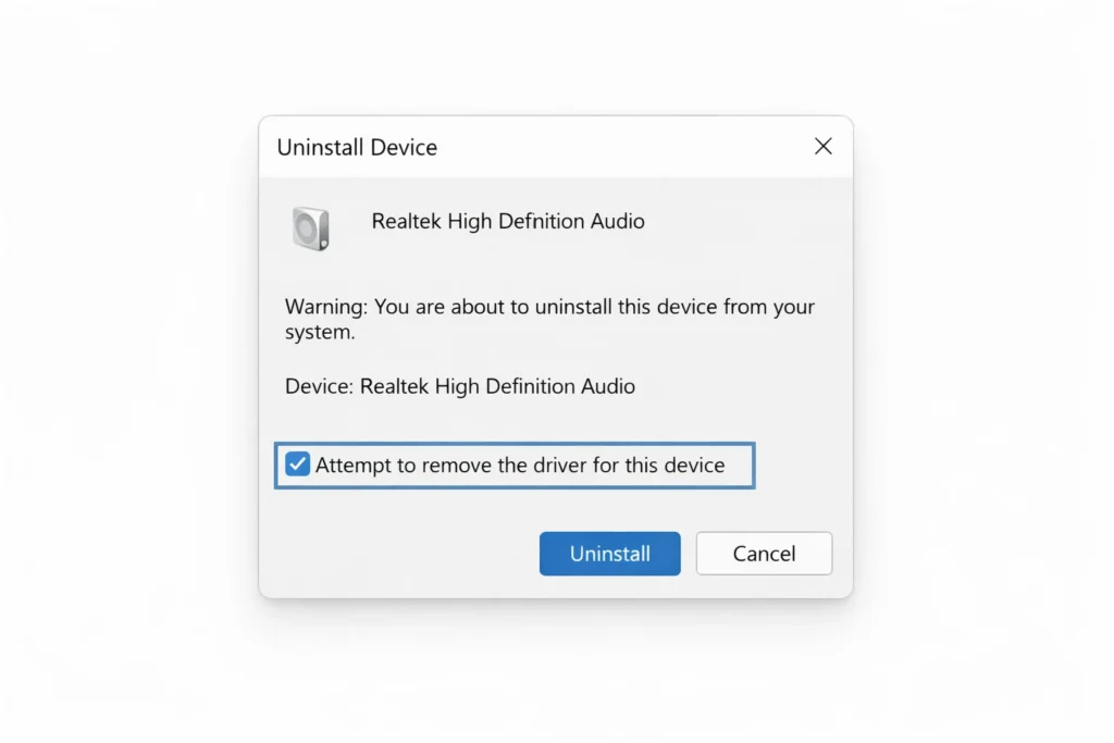 Windows 11 Uninstall Device dialog showing the Attempt to remove the driver for this device checkbox checked before uninstalling Realtek