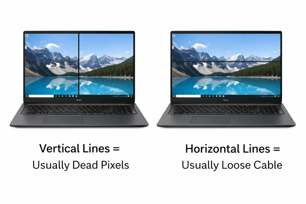 Side-by-side comparison showing vertical black line on left laptop screen and horizontal black line on right laptop screen, illustrating two different Lenovo display problems with different causes.
