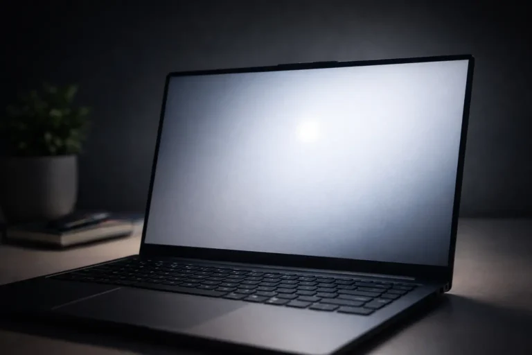 Lenovo laptop screen showing white spot defect on white display background