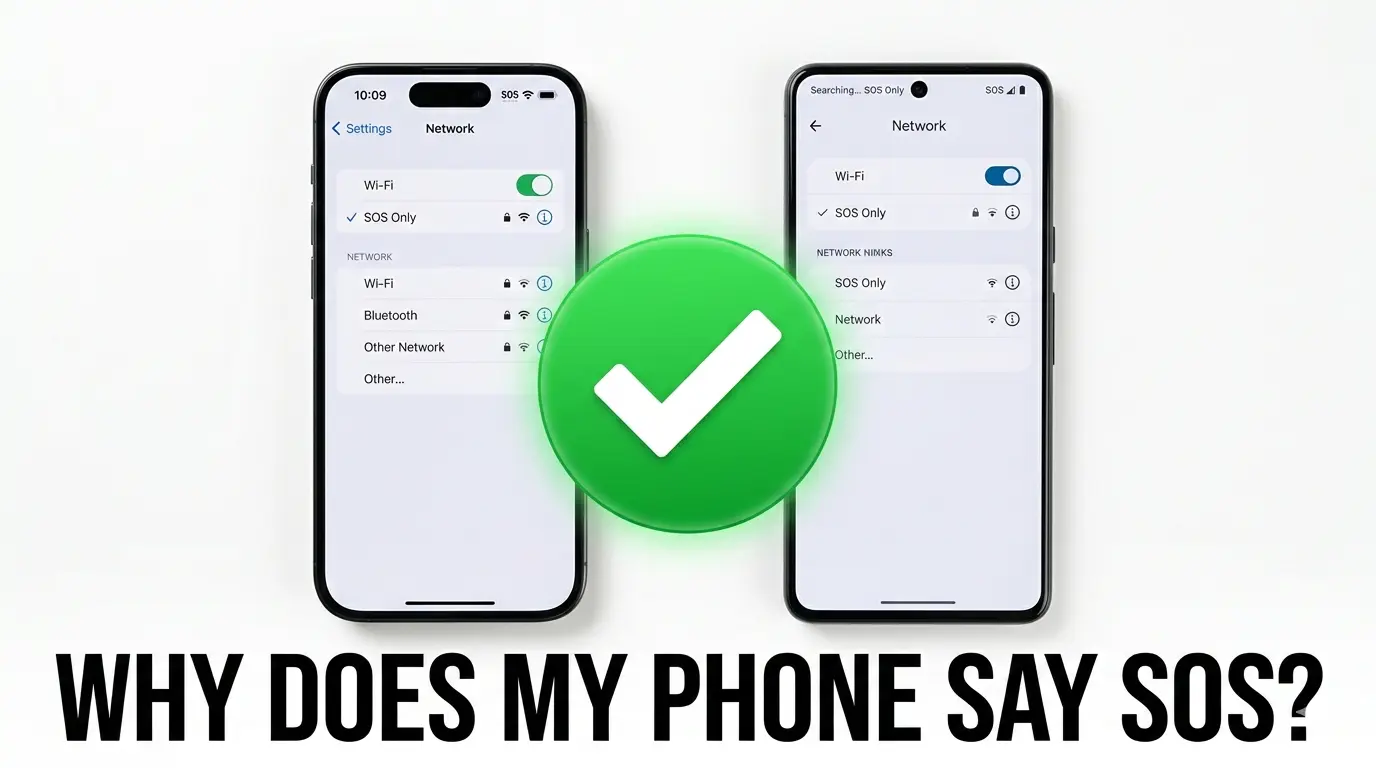 iPhone and Android phones displaying SOS indicator with green checkmark indicating problem solution