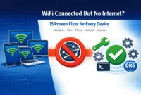 wifi-connected-no-internet-featured-image Featured image: WiFi connected but no internet troubleshooting guide with 15 proven fixes for Windows, Mac, iPhone, iPad, Android, Samsung, WiFi extender and Ethernet