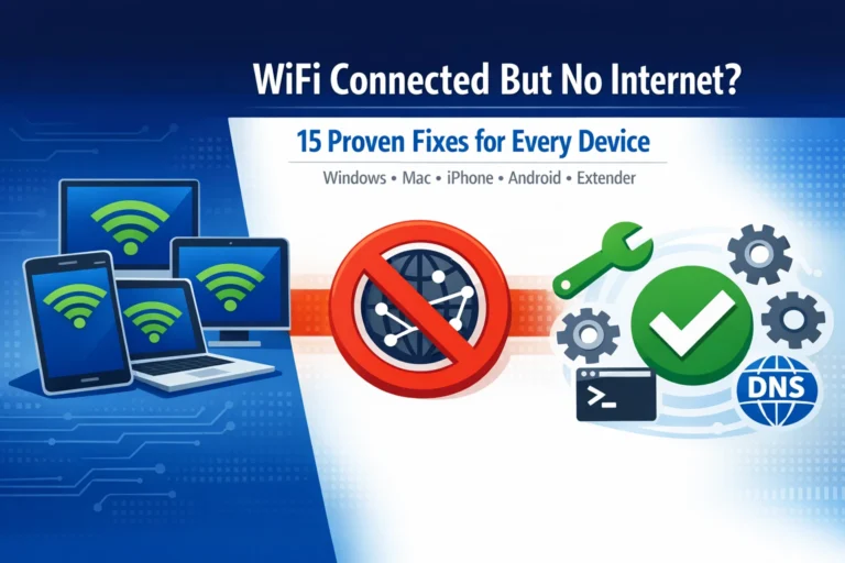Featured image: WiFi connected but no internet troubleshooting guide with 15 proven fixes for Windows, Mac, iPhone, iPad, Android, Samsung, WiFi extender and Ethernet