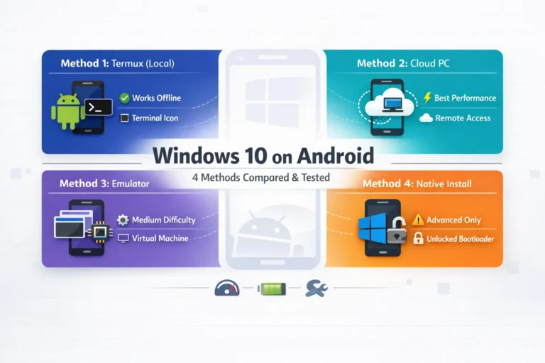 Windows 10 ARM on Android comparison showing 4 methods: Termux local install, cloud PC, emulator, and native dual boot setup