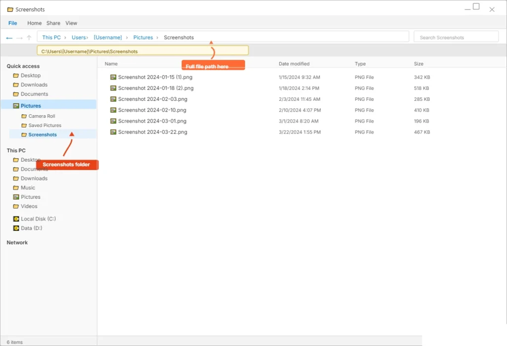 Windows 10 File Explorer showing the Pictures Screenshots folder where HP EliteBook auto saved screenshots are stored