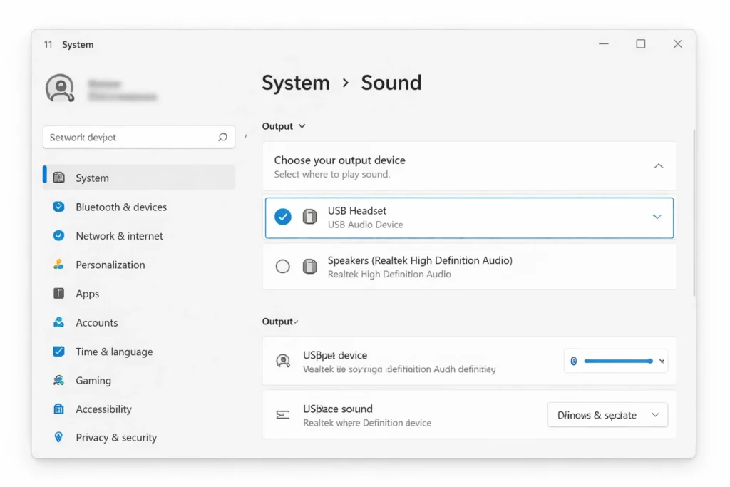 Windows 11 Sound Settings showing output device list with external USB audio device set as default instead of Realtek