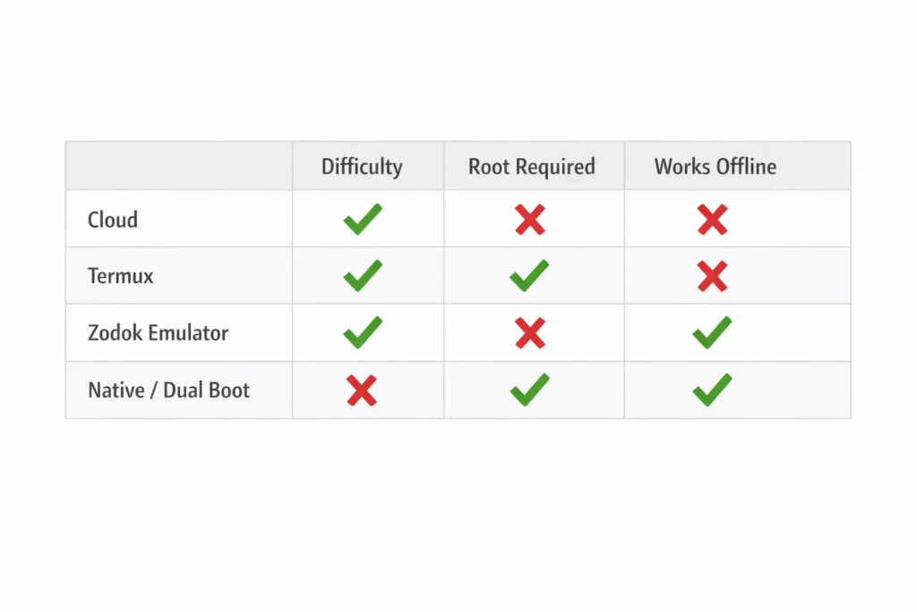  Comparison table of four methods to run
Windows 10 ARM on Android showing difficulty  level and requirements
