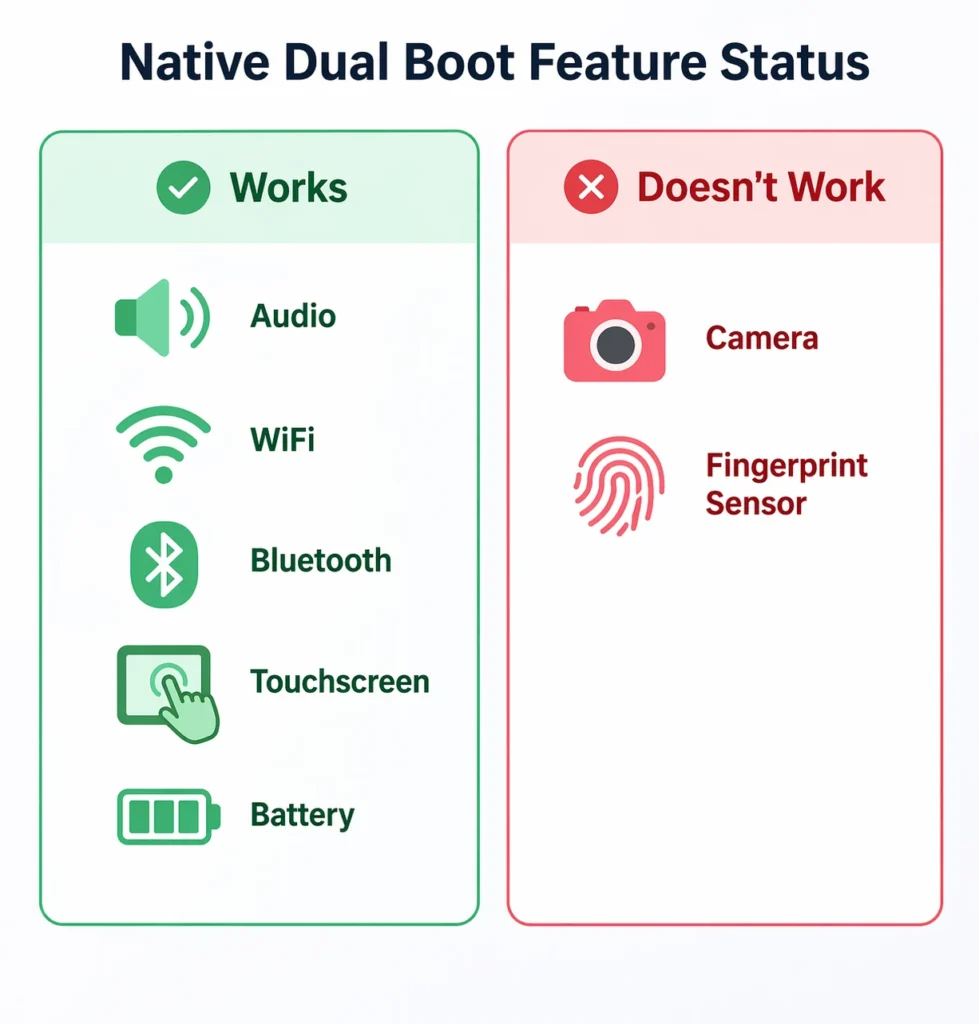Chart showing which phone features work
and which stop working after installing Windows 10 ARM natively on Android
