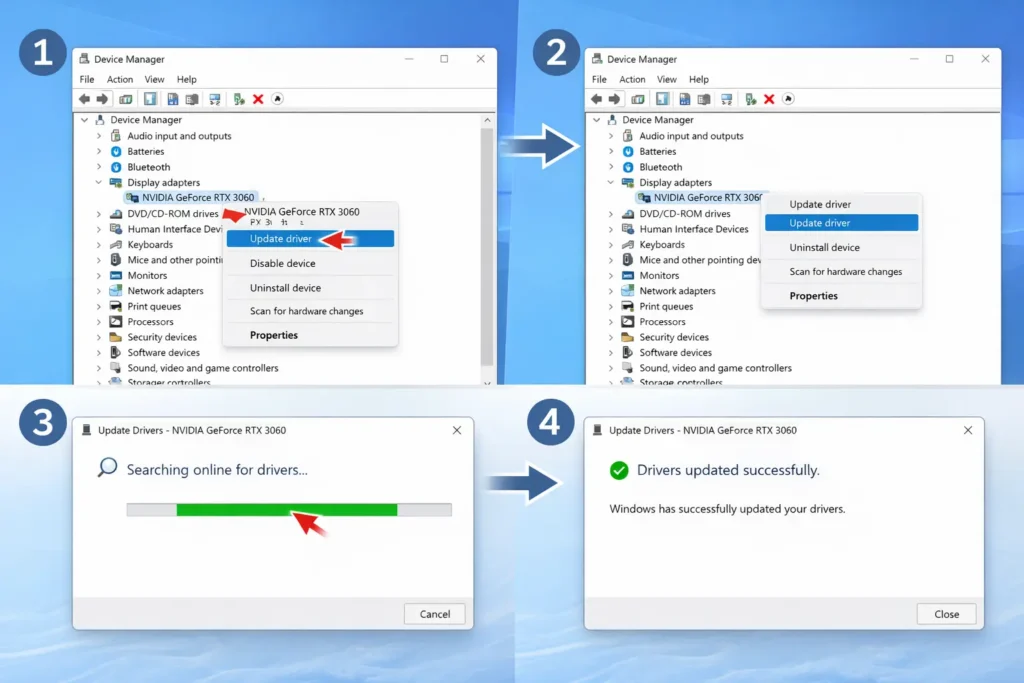 Step-by-step screenshot showing Windows Device Manager with Display adapters section, right-click menu to update graphics driver, and driver installation completion for fixing laptop black lines.