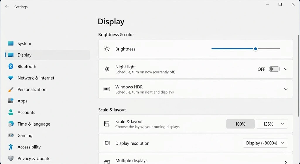 Screenshot of Windows 11 Settings showing System > Display menu with Night Light toggle switch visible and set to OFF position