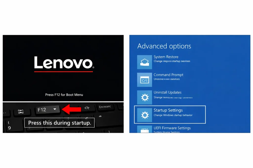 Screenshot showing Lenovo boot screen with F12 key to press and Advanced Startup Options menu for accessing Safe Mode to diagnose black line problems.
