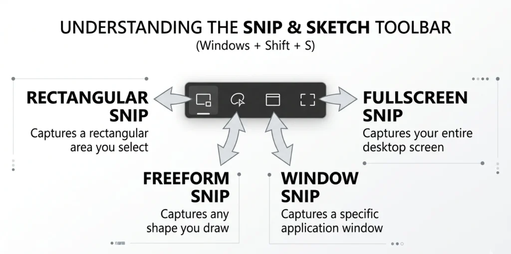 Windows Snip and Sketch toolbar showing four screenshot capture modes rectangular freeform window and fullscreen on Windows 10