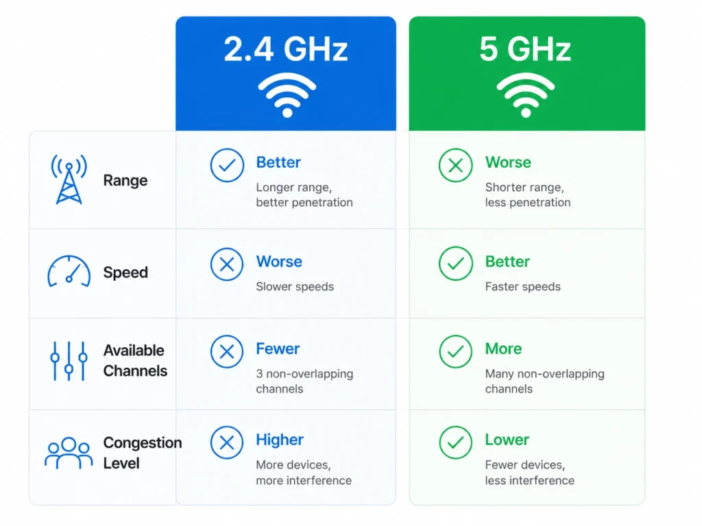 Comparison infographic showing 2.4 GHz WiFi band with longer range slower speed versus 5 GHz with shorter range faster speed and more available channels
