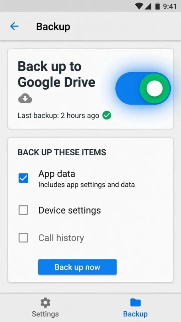 Android Settings Backup screen showing the Back up to Google Drive toggle switched to the on position with App data option checked