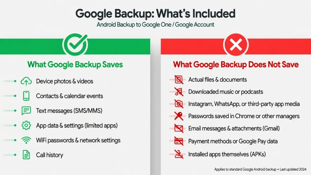 Comparison infographic showing what Android Google Account backup saves versus what app data is permanently lost when an app is deleted