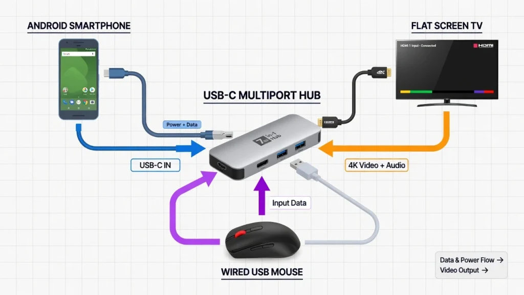 Diagram showing USB-C hub adapter connecting Android phone to TV via HDMI cable and USB mouse via USB-A port for broken screen photo recovery