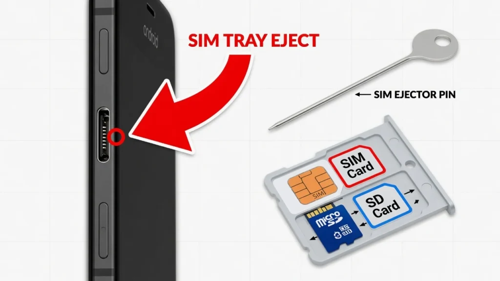 Diagram showing Android phone SIM card tray location on the side edge, SIM ejector tool, and ejected tray with SIM and SD card slots labeled separately